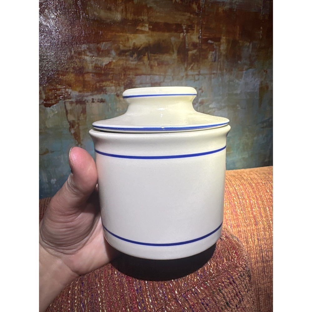 Norpro Stoneware Butter Bell Keeper White Blue Stripe Farmhouse Crock